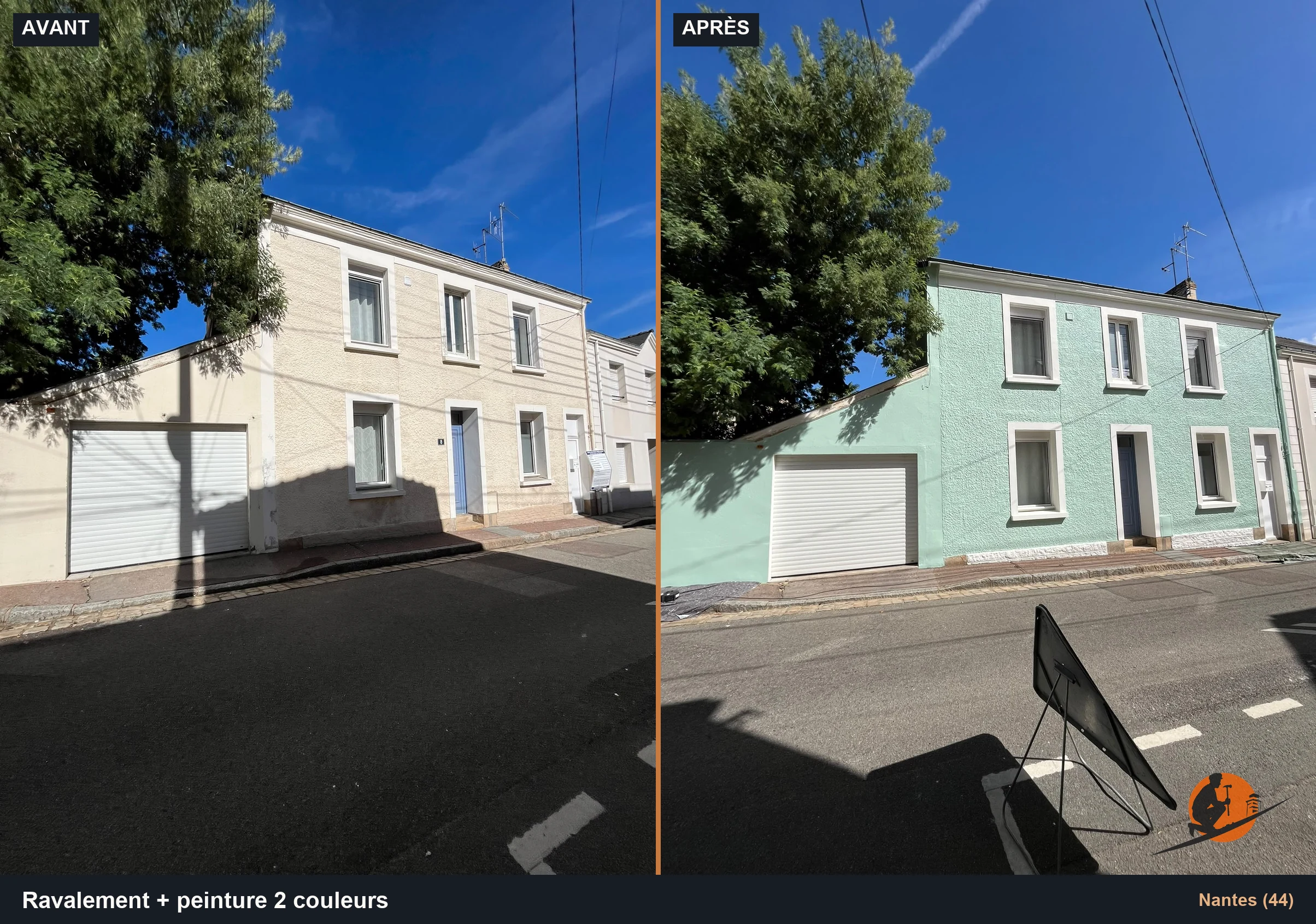 Avant et après ravalement peinture façade vert menthe à Nantes (44) par Bouchet Rondeau